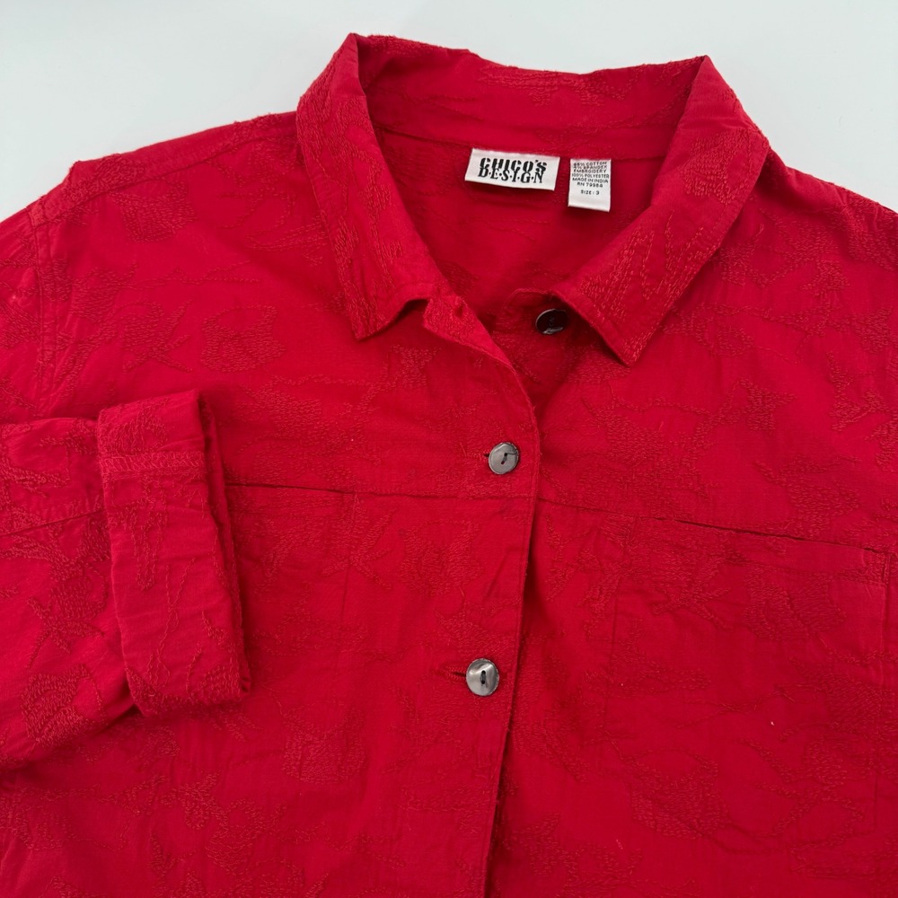 Chicos Red Embroidered Button Front Jacket Cotton… - image 1